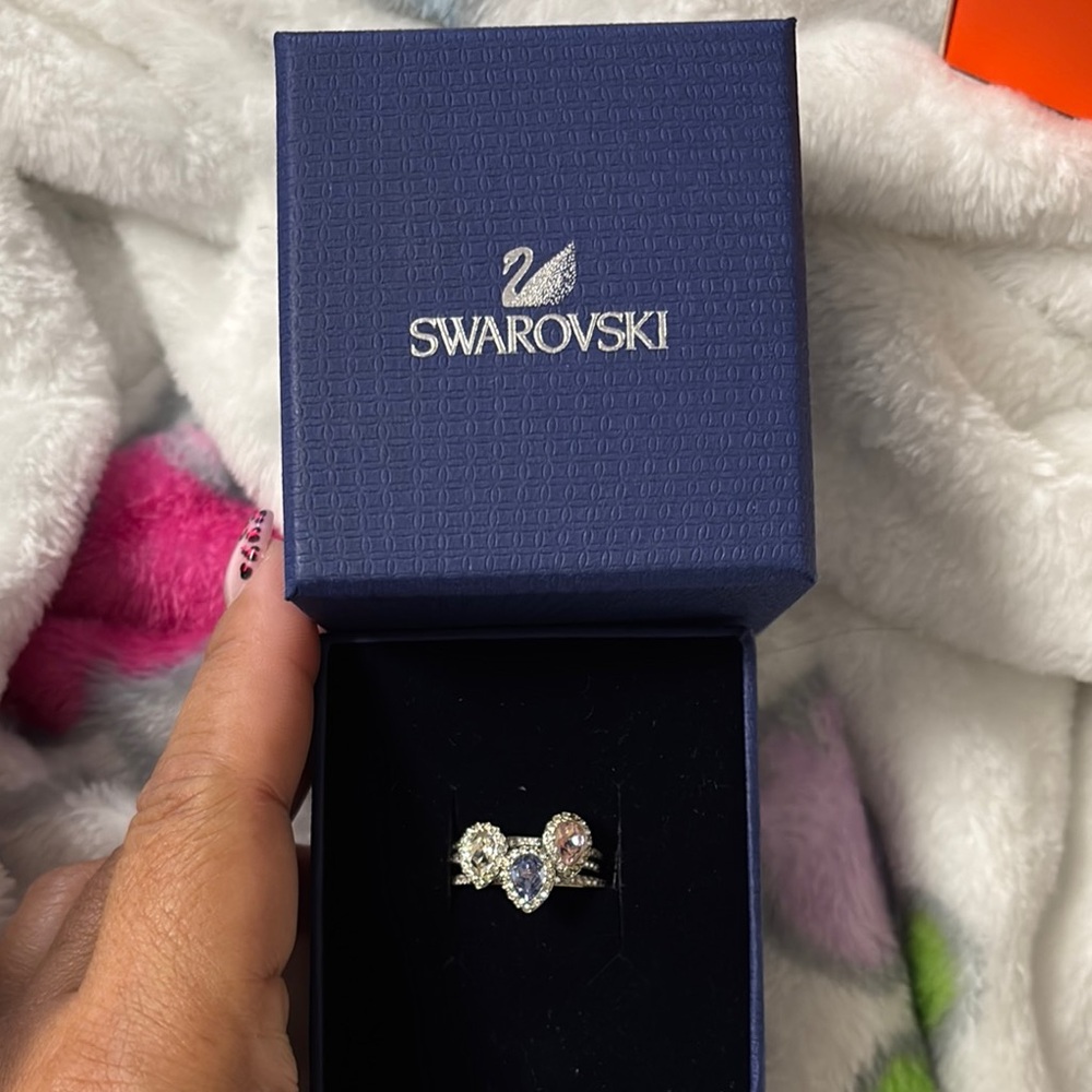 Swarovski Silver, pink and Blue Christie ring set